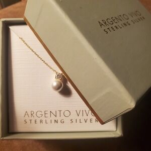 Argento Vivo Sterling Silver Pearl Cubic Zirconia Drop Necklace Gold Tone Boxed